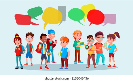 Group Of Pupils Vector. School. Social Network. Mix Race. Chat Bubbles. Discussing. Brainstorming. Talking Communication. Flat Cartoon Illustration