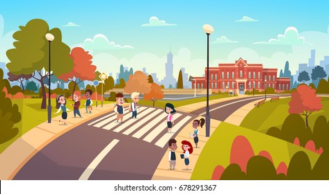 Group Of Pupils Walking On Crosswalk Mix Race Students Go To School Crossing Street Flat Vector Illustration