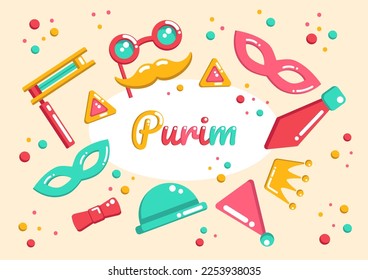 Group of Purim holiday flat doodle elements, decorative Purim objects, hat, glasses, moustache, beanbag, carnival masks, tie, crown and party cone. 