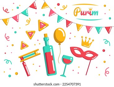 Group of Purim holiday flat doodle elements, decorative Purim objects, mask, wine, beanbag, hamantaschen and crown with confetti on the background. 