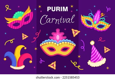Group of Purim holiday vector elements, three masks, harlequin hat, party cone, hamantaschen and confetti.
