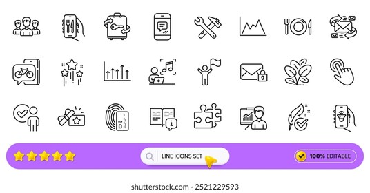 Group, Puzzle and Diagram line icons for web app. Pack of Hypoallergenic tested, Bike app, Presentation pictogram icons. Message, Card, Food signs. Stars, Music, Spanner tool. Spinach. Vector