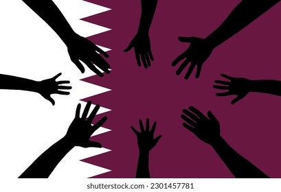 Group of Qatar people gathering hands vector silhouette, unity or support idea, hand gathering silhouette on Qatar flag, teamwork and togetherness concept, union of society