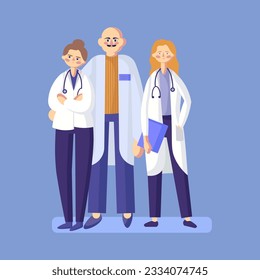 Group of qualified healthcare professionals in uniforms. Different medical workers ready to help patient. Time for making treatment online. Remote meeting with therapist. Vector flat illustration