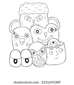 A group of quirky and playful character faces in black and white, featuring a variety of unique and expressive emotions. the cartoon-style illustration includes bold outlines and imaginative design.