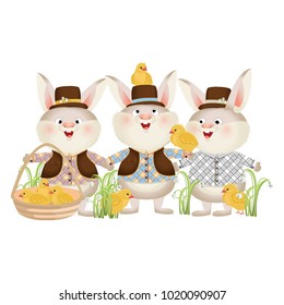 Group of rabbit in a hat and suit and small yellow chicks. Easter. Vector illustration, isolated on white background