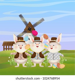 Group of rabbit in a hat and suits with painted Easter eggs. Green field with windmills, sky and clouds. Easter. Vector character and landscape.