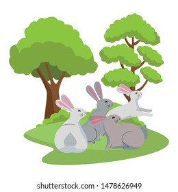 group of rabbits animals playing cartoons in the nature background scenery, vector illustration graphic design.
