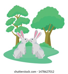 group of rabbits animals playing cartoons in the nature background scenery , vector illustration graphic design.