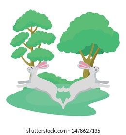 group of rabbits animals playing cartoons in the nature background scenery, vector illustration graphic design.