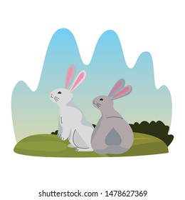 group of rabbits animals playing cartoons in the nature background scenery ,vector illustration graphic design.