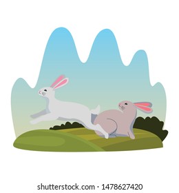 group of rabbits animals playing cartoons in the nature background scenery ,vector illustration graphic design.