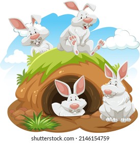 Group of rabbits with burrow illustration