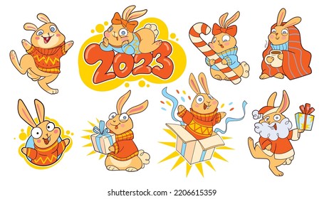 Group of rabbits celebrating New Year. Colorful cartoon characters. Funny vector illustration. Comic style. Isolated on white background. Children set