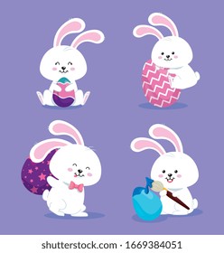 group of rabbits with eggs decorated vector illustration design