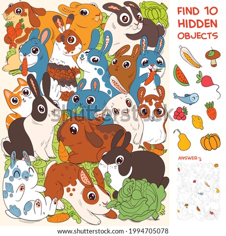 Group of rabbits. Find Cat. Find 10 hidden objects in the picture. Puzzle Hidden Items. Funny cartoon character. Vector illustration. Set