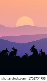 Group of rabbits in the meadow. Natural forest. Wild animals. Mountains horizon hills silhouettes. Sunrise and sunset. Landscape wallpaper. Illustration vector style. Colorful view background.
