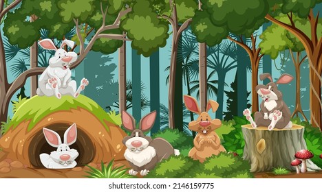Group of rabbits in nature forest scene illustration