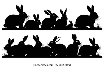 A group of rabbits in silhouette celebrating Easter Sunday on a white background