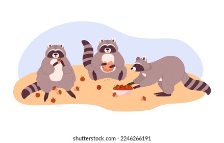 Grupo de mapaches comiendo manzanas y bellotas, ilustración vectorial plana de dibujos animados aislados en fondo blanco. Personajes animales salvajes. Graciosos dibujos de mapaches para el diseño de los niños.