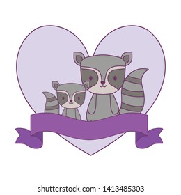 group of raccoons in frame with heart shape and ribbon