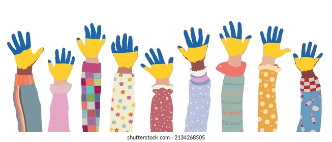 Group of raised arms of children who have their palms painted in the colors of the Ukrainian flag. Support for Ukraine. Peace concept. Stop the war. Isolated