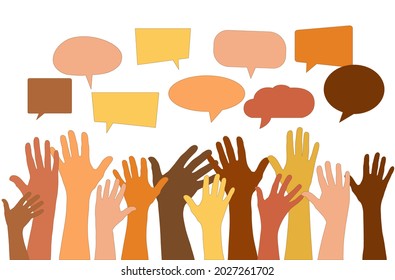 Group Raised arms of diversity multi-ethnic multicultural women holding speech bubble in hand. Diverse women talking chatting and sharing information on social networks. 