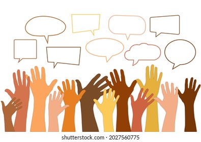 Group Raised arms of diversity multi-ethnic multicultural women holding speech bubble in hand. Diverse women talking chatting and sharing information on social networks. 