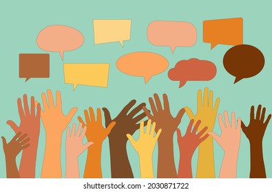 Group Raised arms of diversity multi-ethnic multicultural women holding speech bubble in hand. Diverse women talking chatting and sharing information on social networks. 