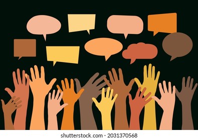 Group Raised arms of diversity multi-ethnic multicultural men holding speech bubble in hand. Diverse men talking chatting and sharing information on social networks. 