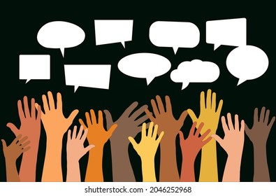 Group Raised arms of diversity multi-ethnic multicultural women holding speech bubble in hand. Diverse women talking chatting and sharing information on social networks. 