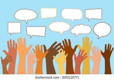 Group Raised arms of diversity multi-ethnic multicultural women holding speech bubble in hand. Diverse women talking chatting and sharing information on social networks.