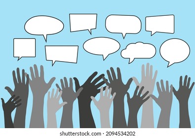 Group Raised arms of diversity multi-ethnic multicultural women holding speech bubble in hand. Diverse women talking chatting and sharing information on social networks.