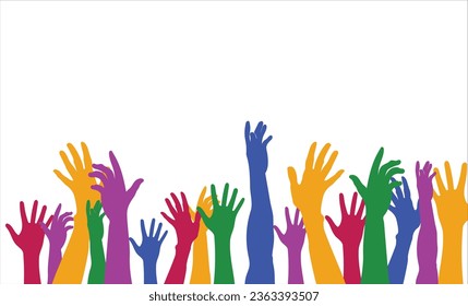 Group Raised arms of diversity multi-ethnic multicultural people holding speech bubble in hand. Diverse people talking chatting and sharing information on social networks. Racial equality
