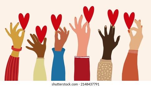 Group of raised arms and hands. Diverse people holding a heart. Charitable donation and volunteer work. Support and assistance. Multicultural and multiethnic community.Diversity of people