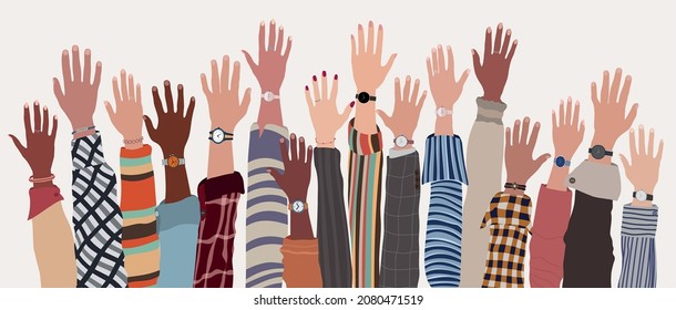 Group of raised arms and hands of multicultural colleagues or friends.Collaboration between teamwork or community of multi-ethnic people.Investment or startup -financing- support concept