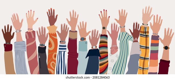 Group of raised arms and hands of multicultural people. Community or society of men and women of diverse cultures and races.Collaboration teamwork agreement between colleagues or friends