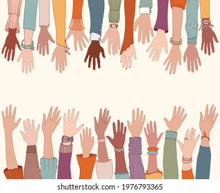 Group of raised arms and hands starting from below and meeting a group of raised hands starting from above.Diversity people. Charity donation and volunteer work.Diverse people. Copy space