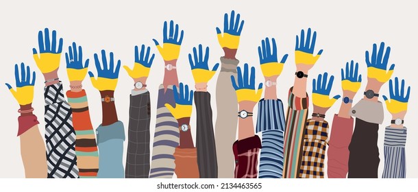 Group of raised arms of multicultural men and women who have their hands painted in the colors of the Ukrainian flag. Support for Ukraine. Peace concept. Stop the war. Isolated