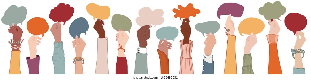 Group Raised Arms Multi-ethnic Multicultural People Holding Speech Bubble In Hand.Diverse People Talking Chatting And Sharing Information On Social.Diversity Group People.Racial Equality