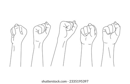 Group of raised fist outline vector illustration.