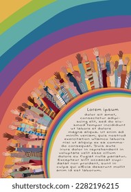 Group of raised hands in circle of multicultural and diverse age people. People diversity. Teamwork community and cooperation. Different cultures. Equality diversity inclusion or inclusive