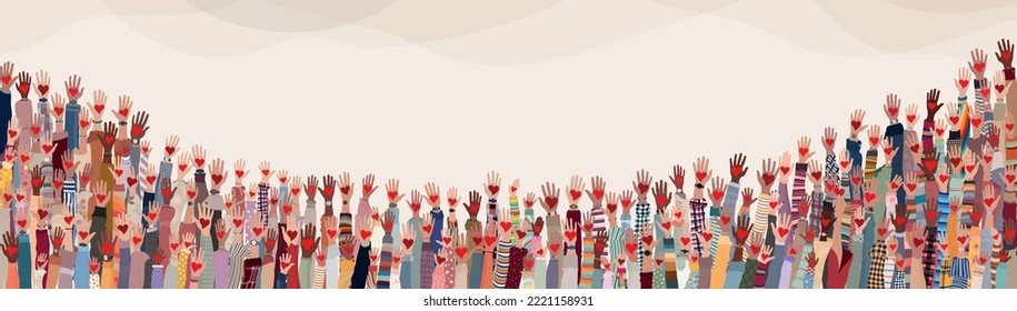 Group of raised hands. Diverse people holding a heart. Charitable donation and volunteer work. Support and assistance. Multicultural and multiethnic community.Diversity of people. NGO. Aid