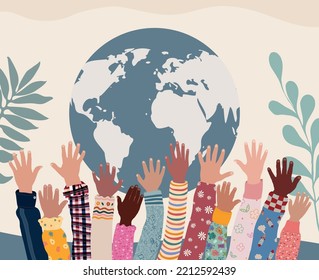 Group of raised hands of joyful happy multicultural children. Hands up of kids from different nations and cultures. Diversity. Globe earth background. Peace tolerance or ecology concept