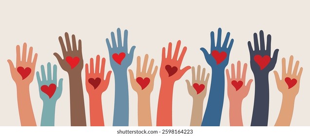 Group of raised hands of multicultural volunteer people holding a red heart. Concept of volunteering support or assistance
