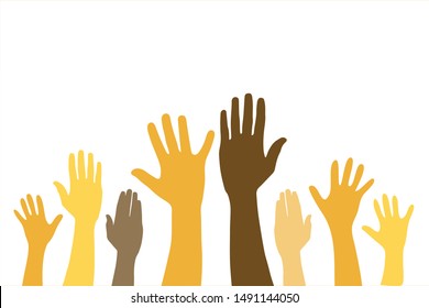 group of raised hands on white background