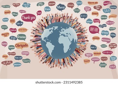 Group of raised hands of people diversity in a circle of the earth with speech bubbles with text -Thank you- in various languages and dialects of different countries and continents svg