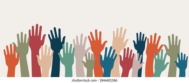 Group of raised human arms and hands. Concept of charity volunteer donation or assistance. Cooperation team of multiethnic volunteers. Community. Friendship. Background copy space