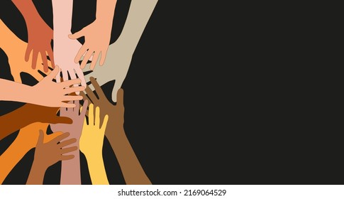 Group of raised human arms and hands. Concept of charity volunteer donation or assistance. Cooperation team of multiethnic volunteers. Community. Friendship. Background copy space