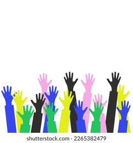 The group raised human arms and hands. Diversity multiethnic people. Racial equality. Men and women of different cultures and peoples. harmony of coexistence. Multicultural Community Integration